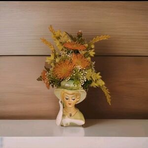 Vtg 1950s Lefton #1736 Lady Head Planter Vase Original Faux Flower Arrangement